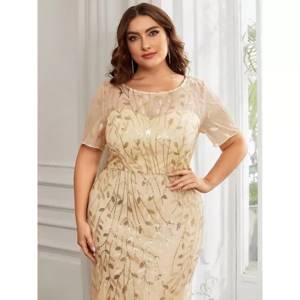 EverPretty Womens Plus Size Sequin Short Sleeves Embroidery Mermaid Maxi Evening Dress 07707PZUSAGold