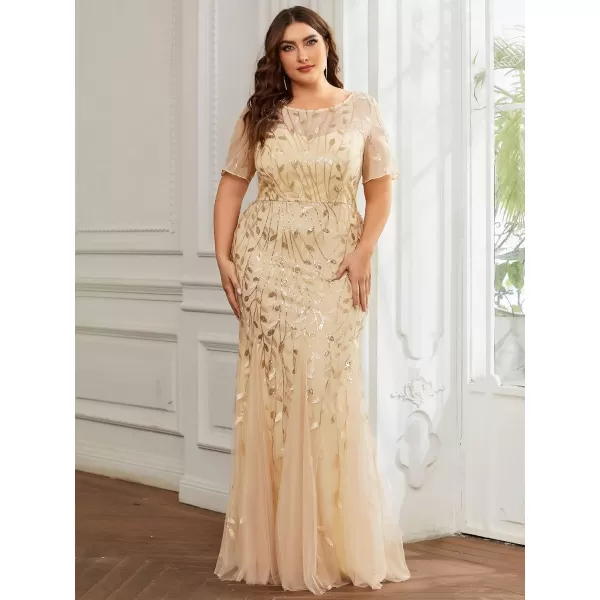 EverPretty Womens Plus Size Sequin Short Sleeves Embroidery Mermaid Maxi Evening Dress 07707PZUSAGold
