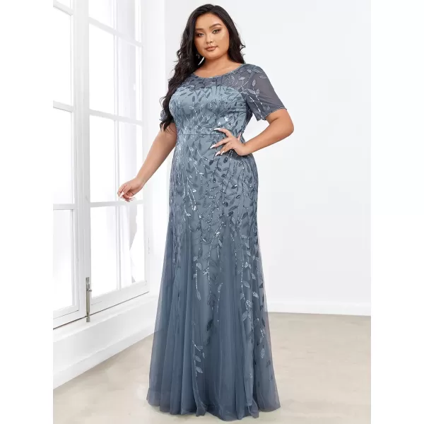 EverPretty Womens Plus Size Sequin Short Sleeves Embroidery Mermaid Maxi Evening Dress 07707PZUSAHaze Blue