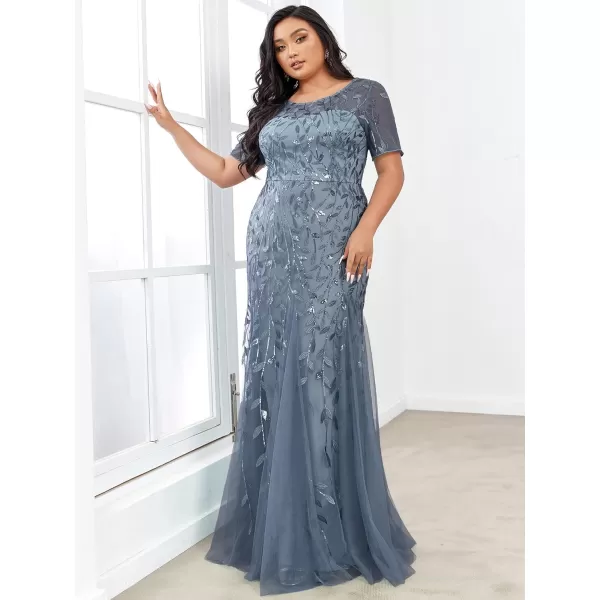 EverPretty Womens Plus Size Sequin Short Sleeves Embroidery Mermaid Maxi Evening Dress 07707PZUSAHaze Blue