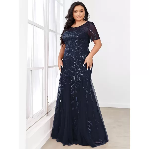 EverPretty Womens Plus Size Sequin Short Sleeves Embroidery Mermaid Maxi Evening Dress 07707PZUSANavy