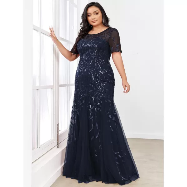 EverPretty Womens Plus Size Sequin Short Sleeves Embroidery Mermaid Maxi Evening Dress 07707PZUSANavy