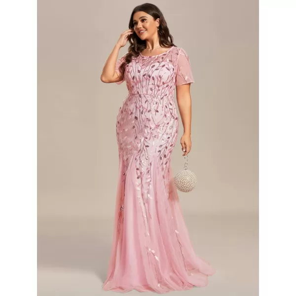 EverPretty Womens Plus Size Sequin Short Sleeves Embroidery Mermaid Maxi Evening Dress 07707PZUSAPink