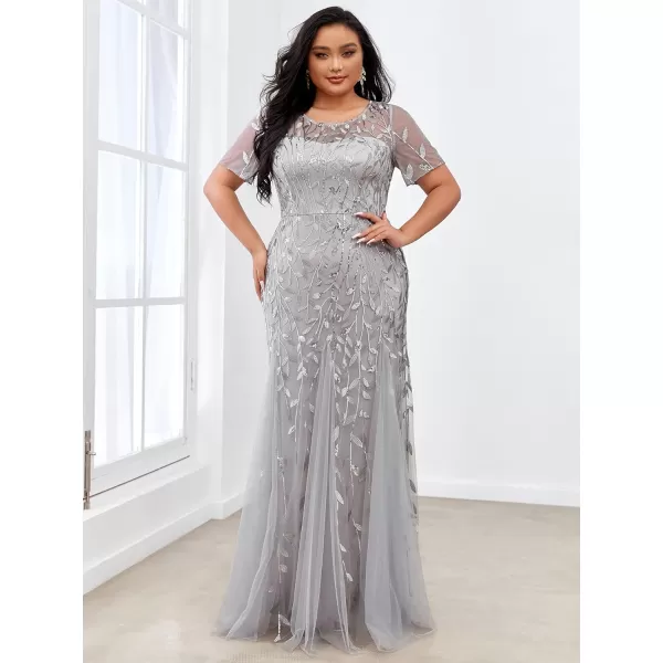 EverPretty Womens Plus Size Sequin Short Sleeves Embroidery Mermaid Maxi Evening Dress 07707PZUSASilver