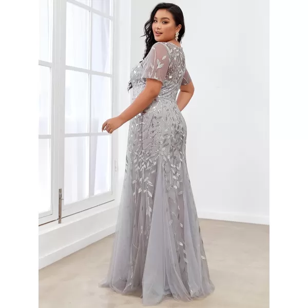 EverPretty Womens Plus Size Sequin Short Sleeves Embroidery Mermaid Maxi Evening Dress 07707PZUSASilver