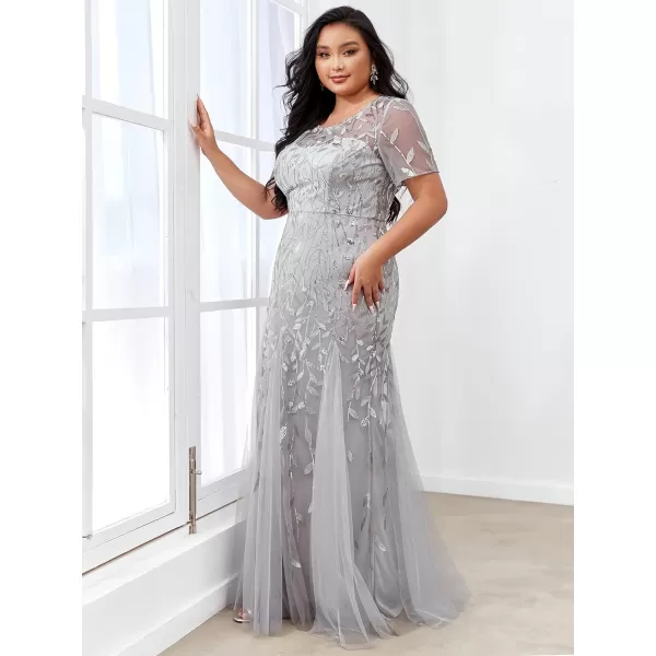 EverPretty Womens Plus Size Sequin Short Sleeves Embroidery Mermaid Maxi Evening Dress 07707PZUSASilver