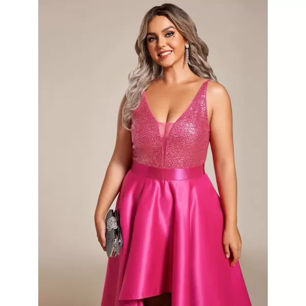 EverPretty Womens Plus Size Sequin VNeck HighLow Aline Evening Dress Prom Gowns 0667PZUSAHot Pink