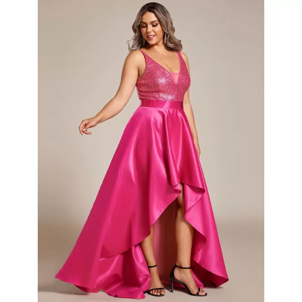 EverPretty Womens Plus Size Sequin VNeck HighLow Aline Evening Dress Prom Gowns 0667PZUSAHot Pink