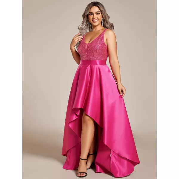 EverPretty Womens Plus Size Sequin VNeck HighLow Aline Evening Dress Prom Gowns 0667PZUSAHot Pink