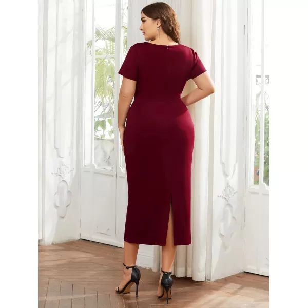 EverPretty Womens Plus Size Short Sleeve VNeck Work Pencil Dress Office Dresses 01783PZBurgundy