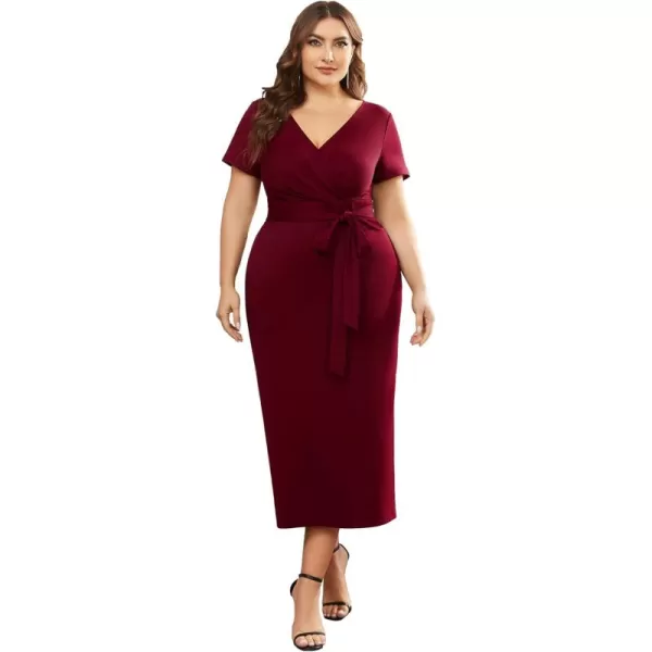 EverPretty Womens Plus Size Short Sleeve VNeck Work Pencil Dress Office Dresses 01783PZBurgundy