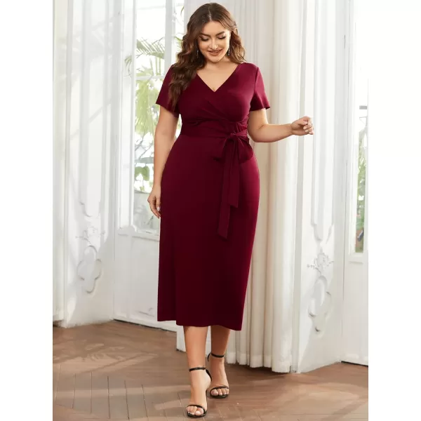 EverPretty Womens Plus Size Short Sleeve VNeck Work Pencil Dress Office Dresses 01783PZBurgundy