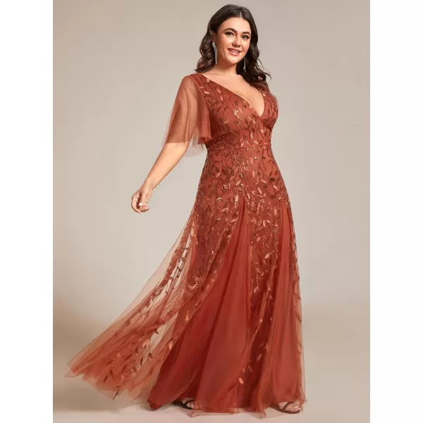 EverPretty Womens Plus Size V Neck A Line Sequin Tulle Formal Dress 0734DA1Burnt Orange