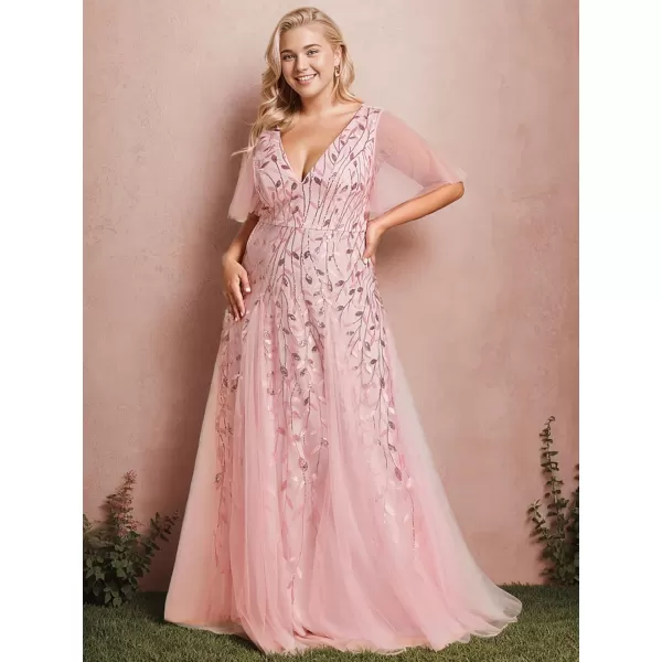 EverPretty Womens Plus Size V Neck A Line Sequin Tulle Formal Dress 0734DA1Pink