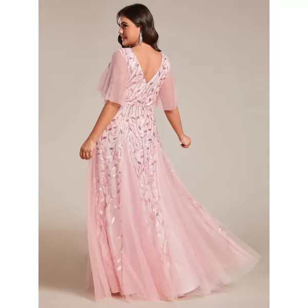 EverPretty Womens Plus Size V Neck A Line Sequin Tulle Formal Dress 0734DA1Pink