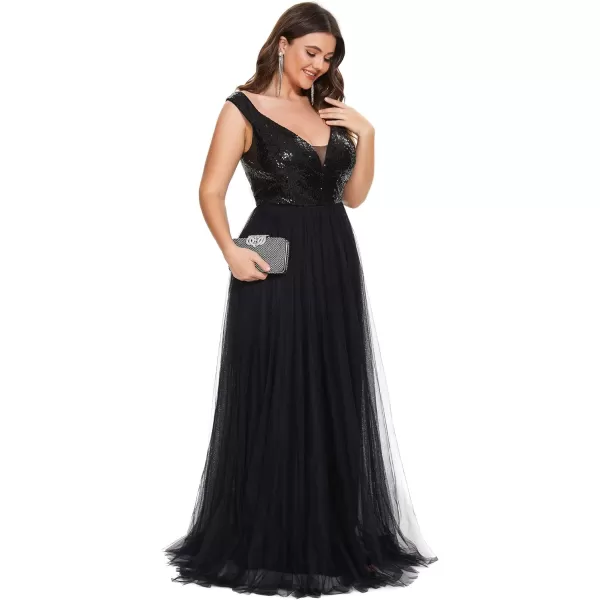 EverPretty Womens Plus Size V Neck Sequin Tulle A Line Formal Evening Dress 0277PZUSABlack