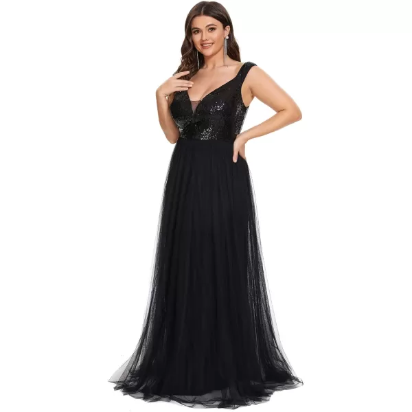 EverPretty Womens Plus Size V Neck Sequin Tulle A Line Formal Evening Dress 0277PZUSABlack
