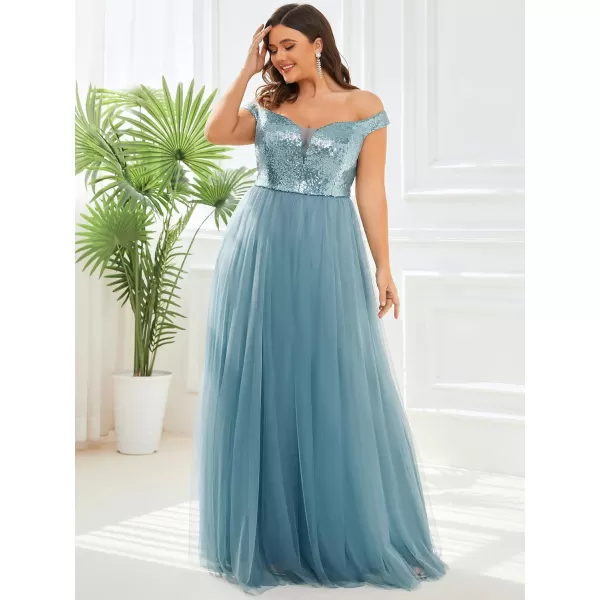 EverPretty Womens Plus Size V Neck Sequin Tulle A Line Formal Evening Dress 0277PZUSADemin Blue