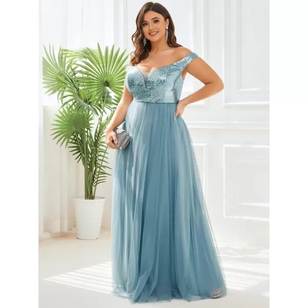 EverPretty Womens Plus Size V Neck Sequin Tulle A Line Formal Evening Dress 0277PZUSADemin Blue