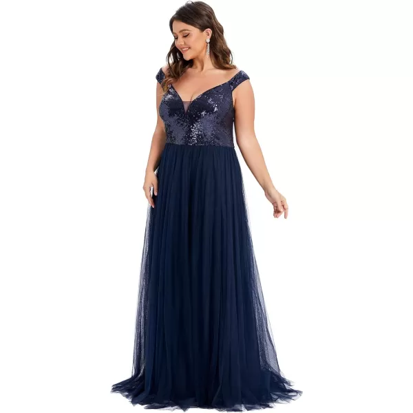 EverPretty Womens Plus Size V Neck Sequin Tulle A Line Formal Evening Dress 0277PZUSANavy Blue