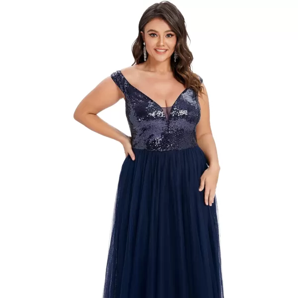 EverPretty Womens Plus Size V Neck Sequin Tulle A Line Formal Evening Dress 0277PZUSANavy Blue