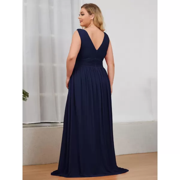 EverPretty Womens Plus Size VNeck Pleated Chiffon Maxi SemiFormal Dress Bridesmaid Dresses 09016DANavy Blue