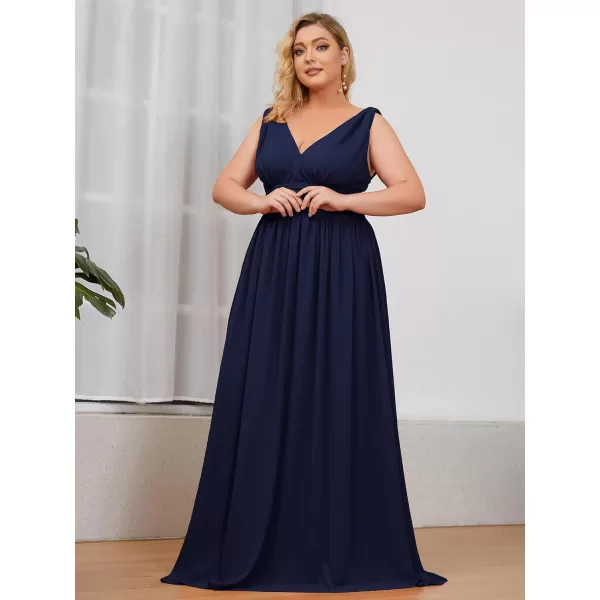 EverPretty Womens Plus Size VNeck Pleated Chiffon Maxi SemiFormal Dress Bridesmaid Dresses 09016DANavy Blue