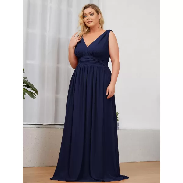 EverPretty Womens Plus Size VNeck Pleated Chiffon Maxi SemiFormal Dress Bridesmaid Dresses 09016DANavy Blue