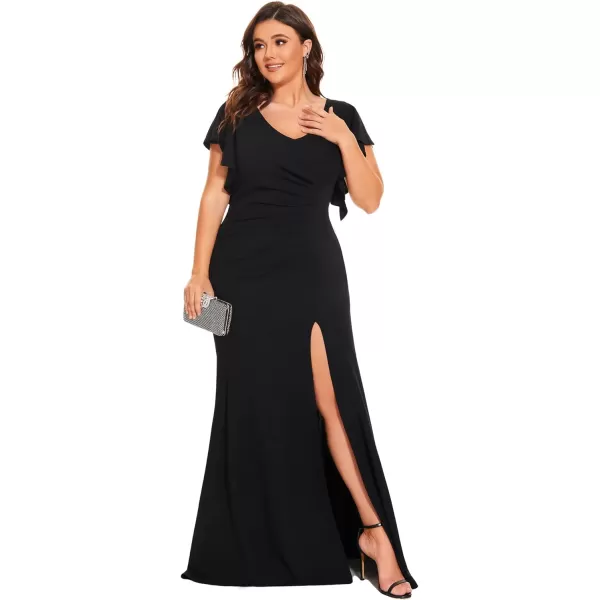 EverPretty Womens Plus Size VNeck Ruffle Sleeves Side Slit Mermaid FloorLength Elastic Evening Dresses 00024PZBlack