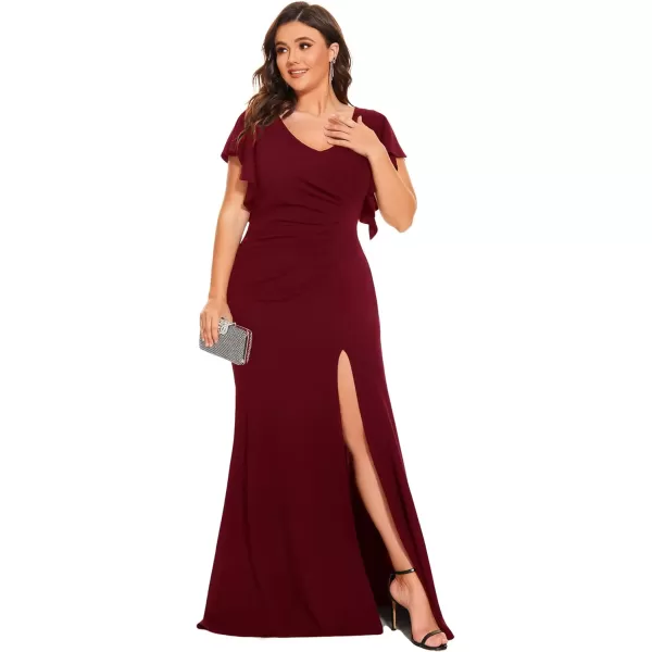 EverPretty Womens Plus Size VNeck Ruffle Sleeves Side Slit Mermaid FloorLength Elastic Evening Dresses 00024PZBurgundy