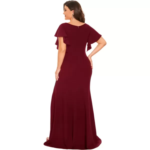 EverPretty Womens Plus Size VNeck Ruffle Sleeves Side Slit Mermaid FloorLength Elastic Evening Dresses 00024PZBurgundy