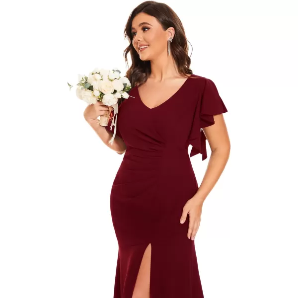 EverPretty Womens Plus Size VNeck Ruffle Sleeves Side Slit Mermaid FloorLength Elastic Evening Dresses 00024PZBurgundy