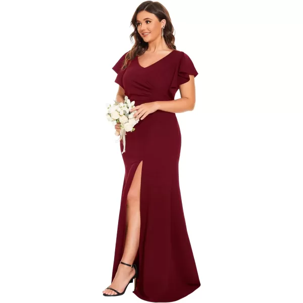 EverPretty Womens Plus Size VNeck Ruffle Sleeves Side Slit Mermaid FloorLength Elastic Evening Dresses 00024PZBurgundy