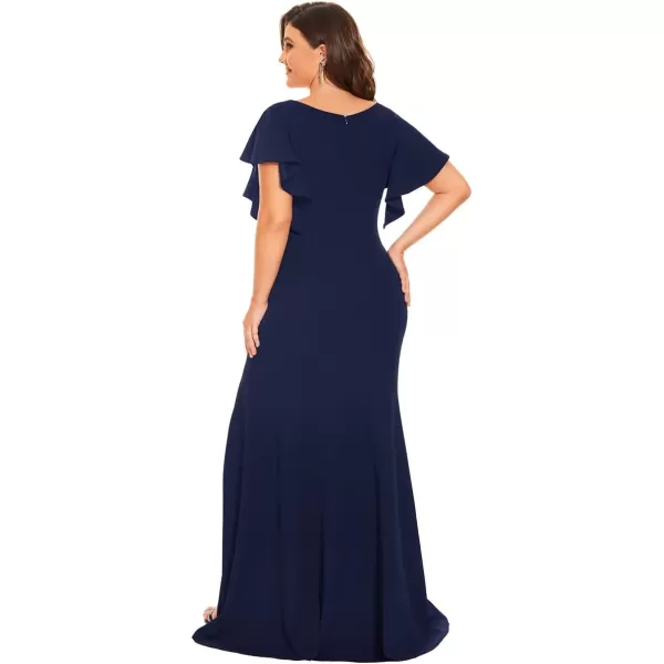 EverPretty Womens Plus Size VNeck Ruffle Sleeves Side Slit Mermaid FloorLength Elastic Evening Dresses 00024PZNavy Blue