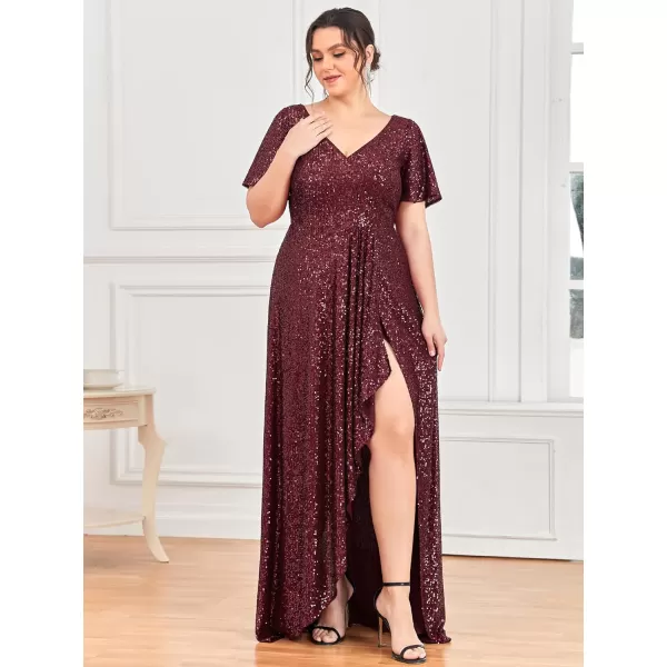 EverPretty Womens Plus Size VNeck Short Sleeves Sequin High Low Seuqin Maxi Evening Party Dresses 01654PZBurgundy