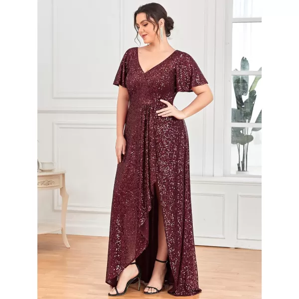 EverPretty Womens Plus Size VNeck Short Sleeves Sequin High Low Seuqin Maxi Evening Party Dresses 01654PZBurgundy