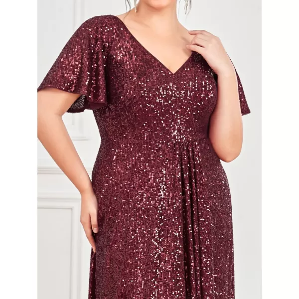 EverPretty Womens Plus Size VNeck Short Sleeves Sequin High Low Seuqin Maxi Evening Party Dresses 01654PZBurgundy