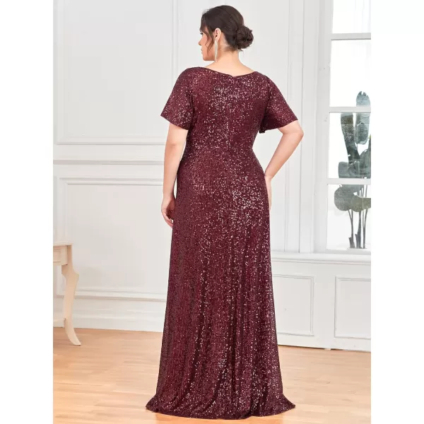 EverPretty Womens Plus Size VNeck Short Sleeves Sequin High Low Seuqin Maxi Evening Party Dresses 01654PZBurgundy