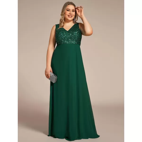 EverPretty Womens Plus Size VNeck Sparkle Evening Dresses with Long Sleeves 0751PZBdark Green