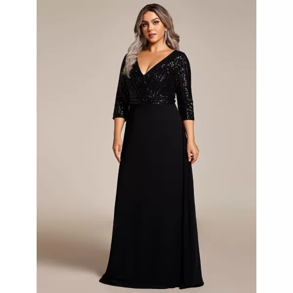 EverPretty Womens Plus Size VNeck Sparkle Evening Dresses with Long Sleeves 0751PZBlack