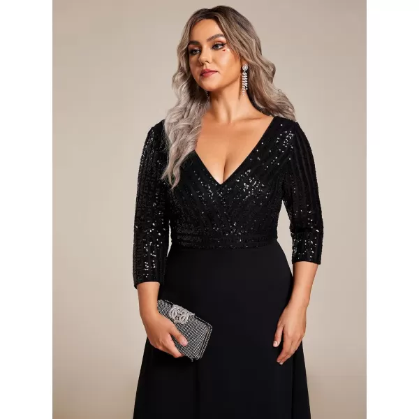 EverPretty Womens Plus Size VNeck Sparkle Evening Dresses with Long Sleeves 0751PZBlack