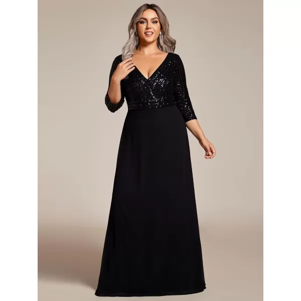 EverPretty Womens Plus Size VNeck Sparkle Evening Dresses with Long Sleeves 0751PZBlack