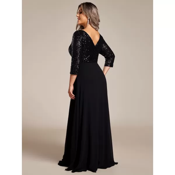 EverPretty Womens Plus Size VNeck Sparkle Evening Dresses with Long Sleeves 0751PZBlack