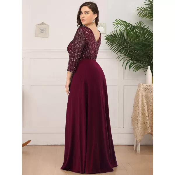 EverPretty Womens Plus Size VNeck Sparkle Evening Dresses with Long Sleeves 0751PZBurgundy