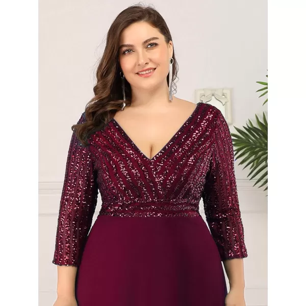 EverPretty Womens Plus Size VNeck Sparkle Evening Dresses with Long Sleeves 0751PZBurgundy