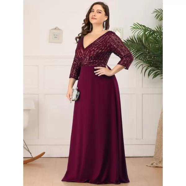 EverPretty Womens Plus Size VNeck Sparkle Evening Dresses with Long Sleeves 0751PZBurgundy