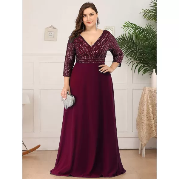 EverPretty Womens Plus Size VNeck Sparkle Evening Dresses with Long Sleeves 0751PZBurgundy