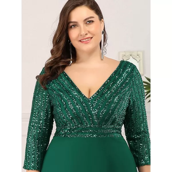 EverPretty Womens Plus Size VNeck Sparkle Evening Dresses with Long Sleeves 0751PZDark Green