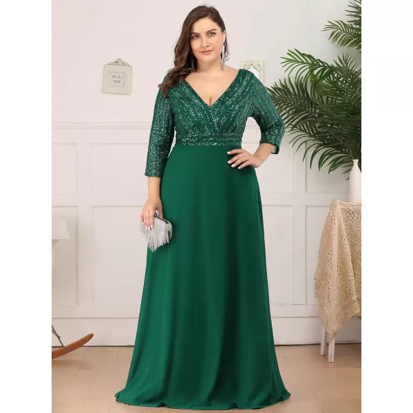 EverPretty Womens Plus Size VNeck Sparkle Evening Dresses with Long Sleeves 0751PZDark Green