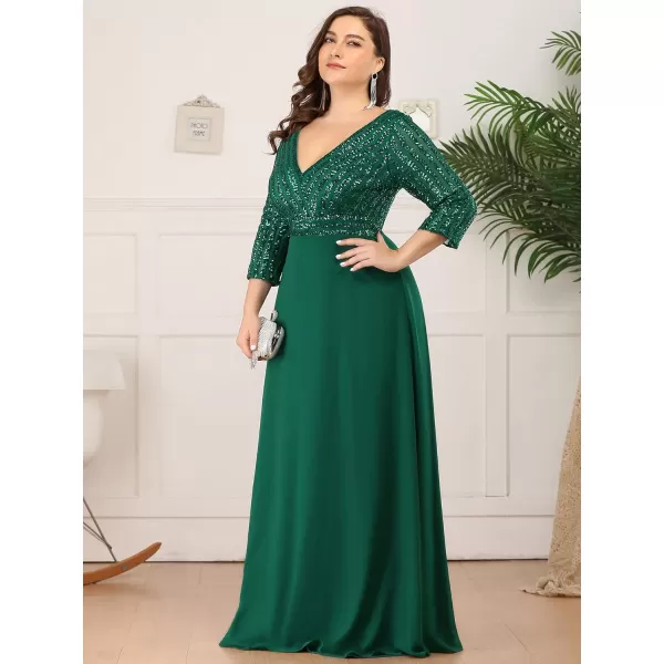 EverPretty Womens Plus Size VNeck Sparkle Evening Dresses with Long Sleeves 0751PZDark Green